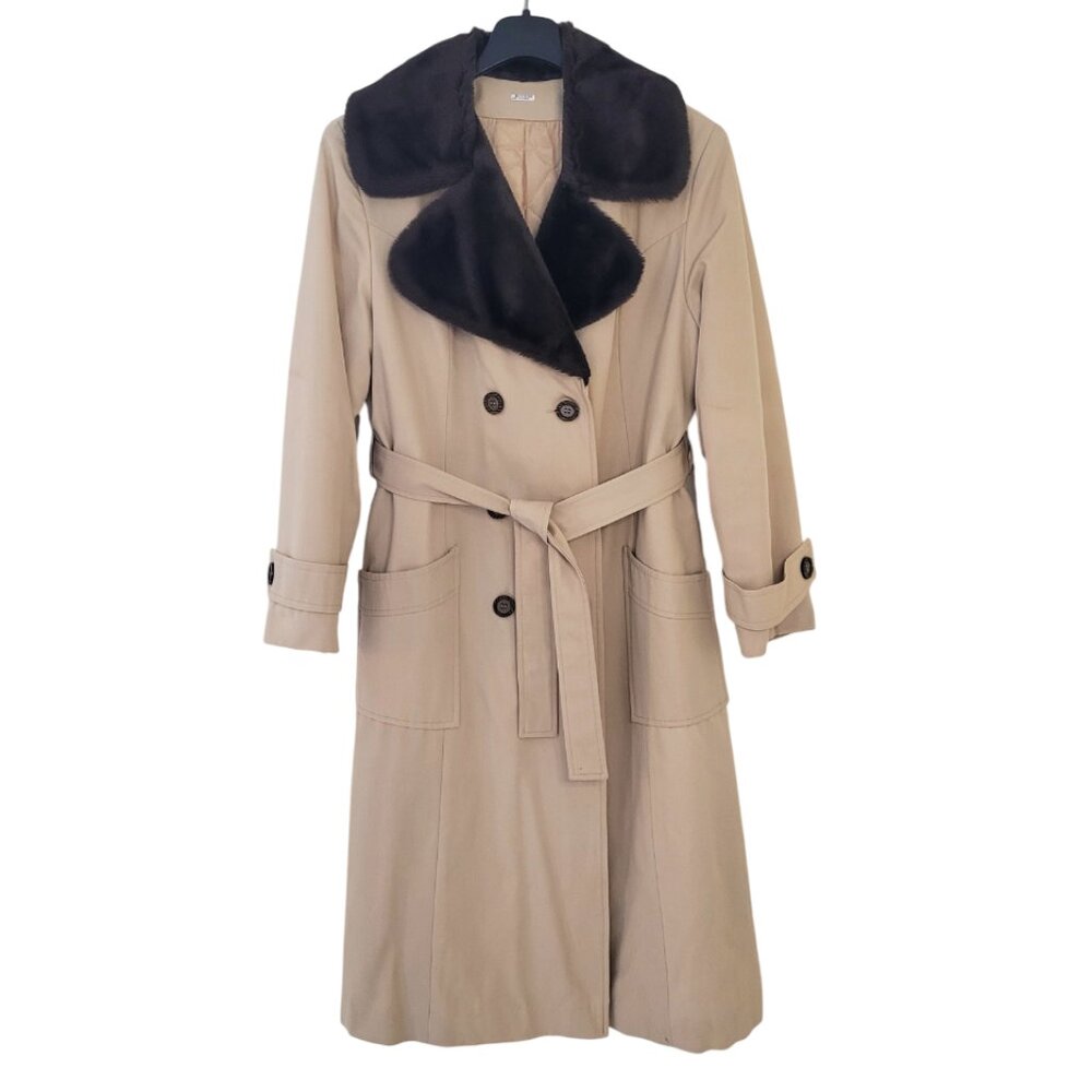 Vintage Beige Trench Coat Quilted Winter Faux Fur Collar Unisex Style MED/LG